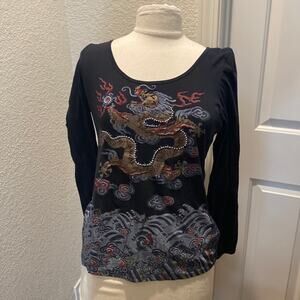 Trixie Chinese Inspired Stretchy Long Sleeve Round Neck Top Black EUC Sz M Scoop